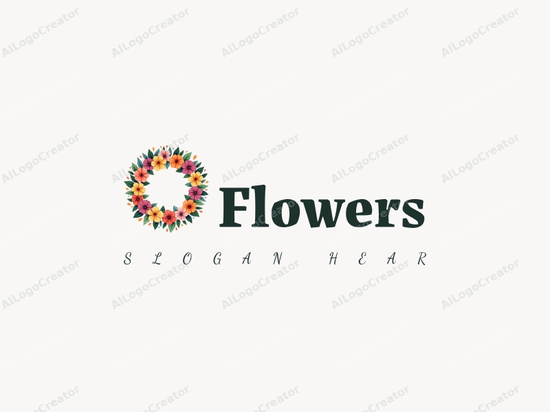 playful design features vibrant flowers and petals arranged in a circular floral wreath, surrounded by lush green leaves, combined with a clean and simple background.