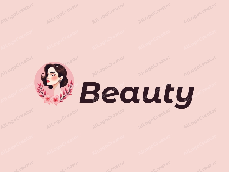 a modern design featuring a stylized girl with elegant makeup, surrounded by delicate petals, using a clean and simple composition with a pink color palette.