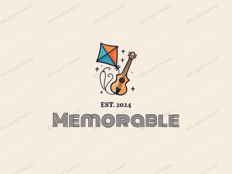 playful design features a whimsical kite and a stylized musical instrument, combined with a vibrant blue and orange color palette, set against a clean background.