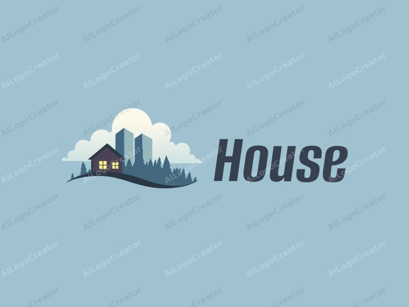 modern design features a stylized house and building silhouette against a clear blue sky with soft clouds, combined with a clean and simple background.