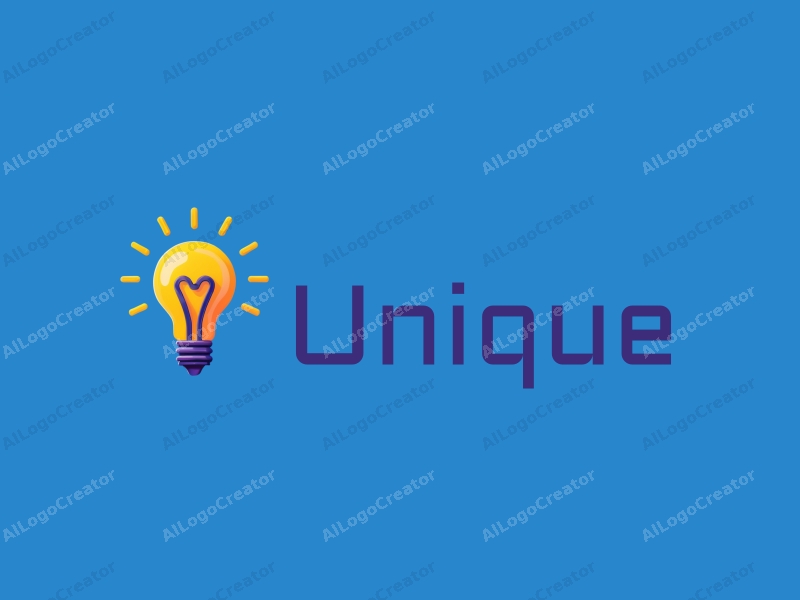 modern design features a stylized pen and light bulb, incorporating unique and innovative elements with a clean blue background.