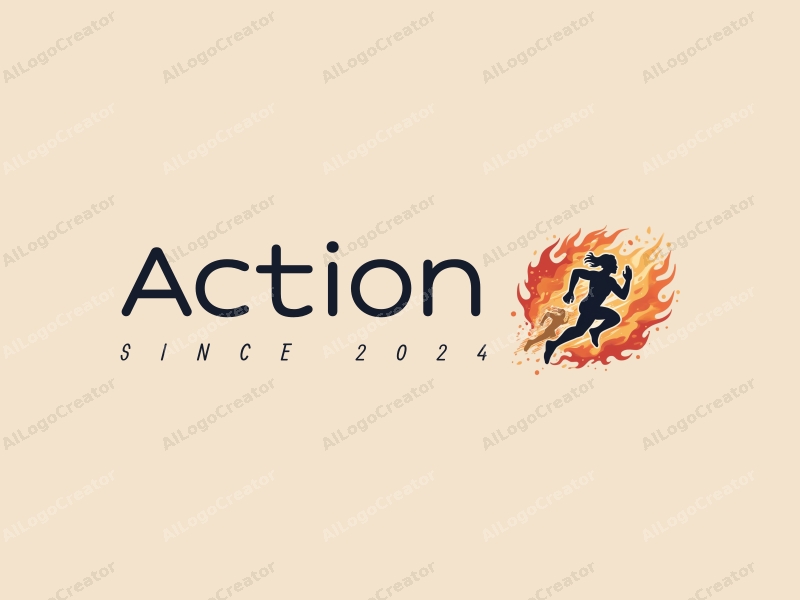 playful design features dynamic running figures intertwined with flames, emphasizing energy and movement, combined with a clean background.