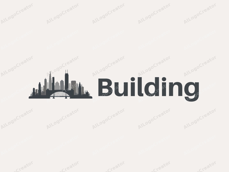 minimalist design features sleek buildings and towers, a stylized bridge silhouette, and a modern design approach combined with a clean gray background.