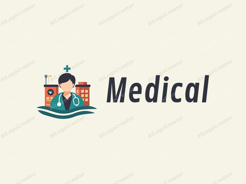 modern design features a stylized hospital silhouette, a doctor figure, a stethoscope, and a syringe, combined with a clean background.