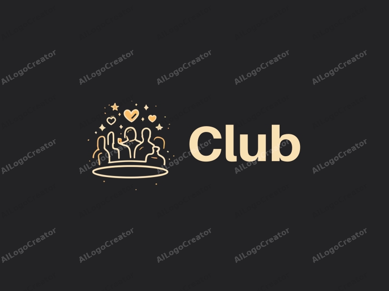 modern design features a stylized club silhouette, social interaction symbols, and a bar scene combined with a clean black background.