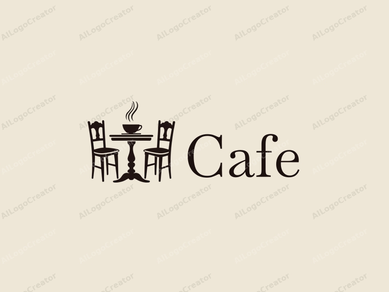 vintage design features a stylized coffee cup, antique table, and chairs, combined with a clean background.