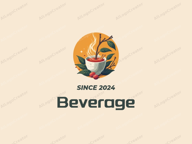 a modern design featuring vibrant beverage elements, stylized tea leaves, and a dragon motif, combined with a clean background.