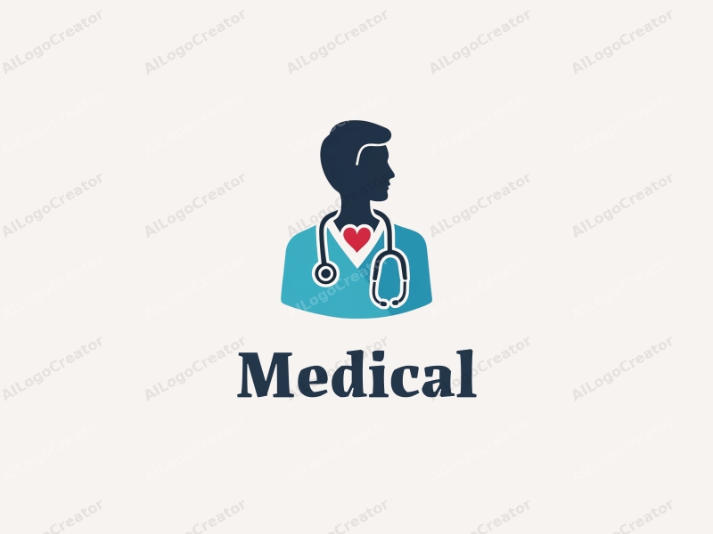 modern design features a stylized hospital silhouette, a doctor figure, a stethoscope intertwined with a heart, combined with a clean background.