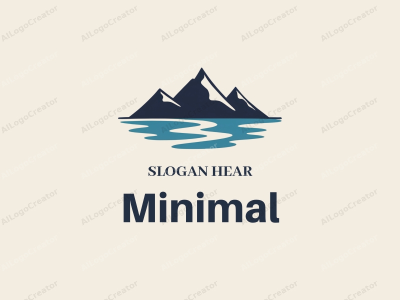 minimalist design features stylized mountains and a flowing water body, combined with a clean background and a tag style approach.