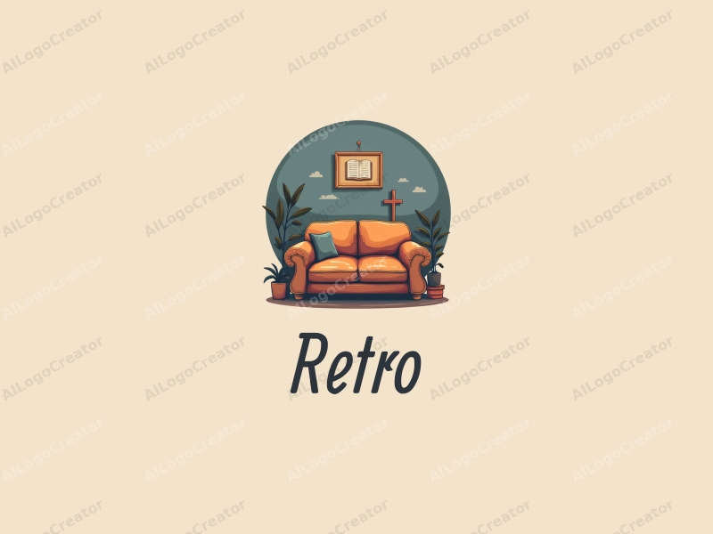 vintage design features a retro sofa and a retro poster, combined with elements of a Bible and a cross, set against a clean background.