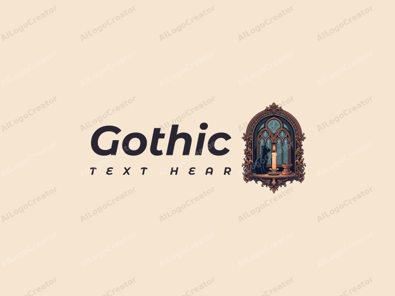 Gothic design features intricate Gothic architecture, elegant Gothic fashion elements, a mysterious black cat, and a flickering candle, combined with a clean background.