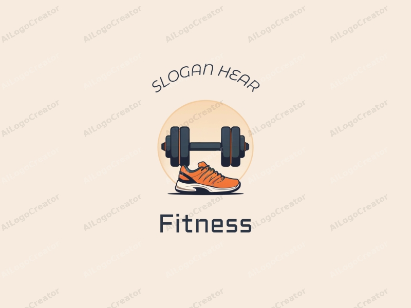 modern design features a stylized dumbbell and running shoes, combined with a clean background and a minimalist approach.