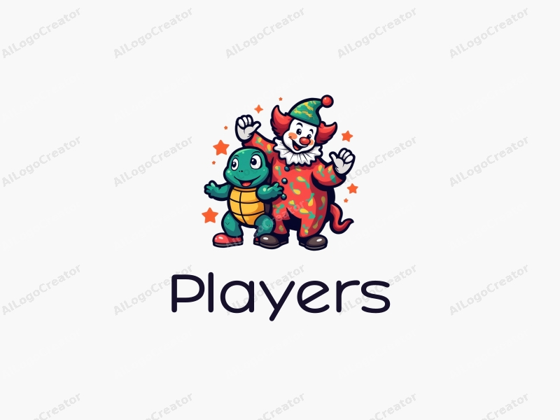 playful design features a vibrant clown and turtle intertwined with a dynamic player silhouette, using a colorful palette and a clean background.