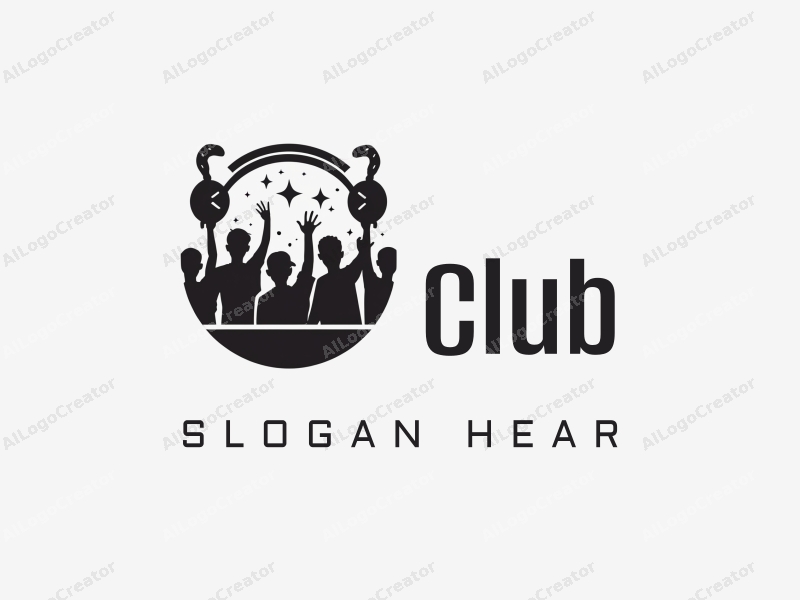 a modern minimalist design featuring a stylized club scene with abstract representations of social interaction and a stage, combined with a clean black and white background.