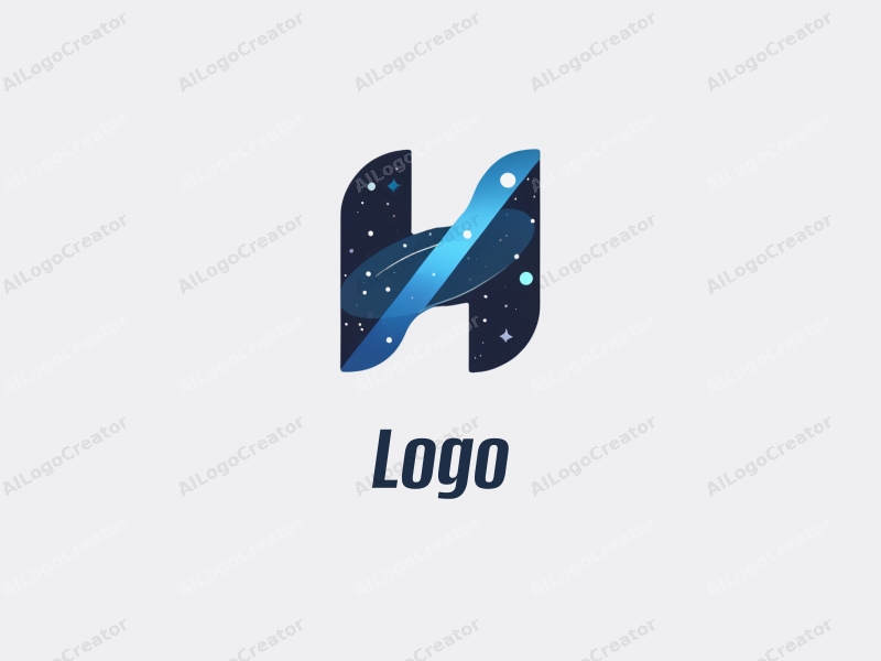 a modern minimalist design featuring elements of the universe, a stylized letter H, and a clean background with blue and black colors.