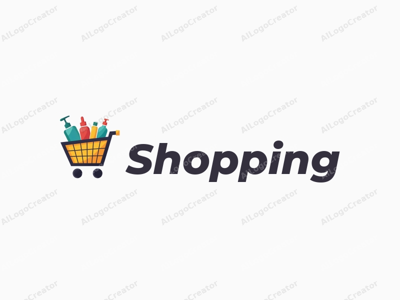 a modern design featuring a colorful shopping cart filled with various products, set against a stylized mall background, emphasizing simplicity and harmony in composition.