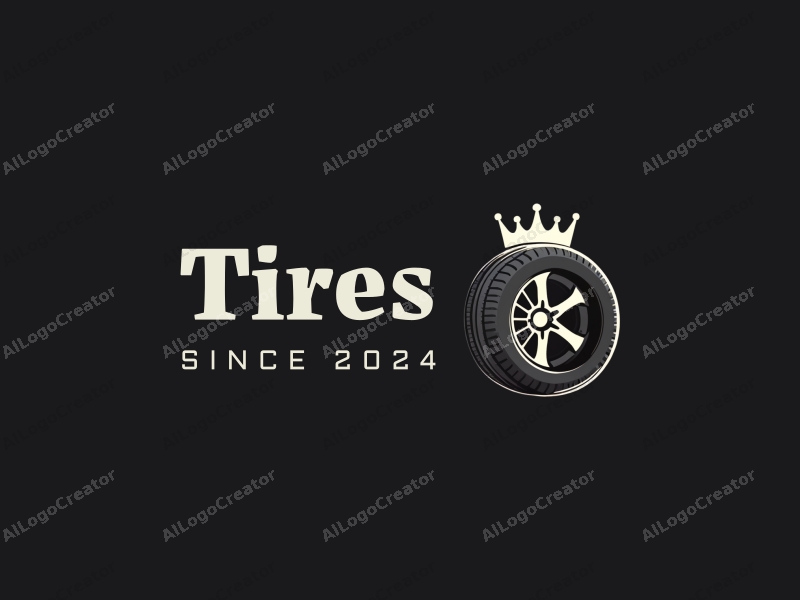 modern design features a stylized tire and car tire silhouette, combined with a crown shape, set against a clean black background.