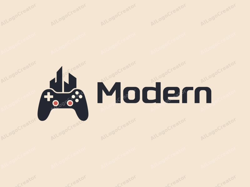 minimalist design features a stylized video game controller integrated with a sleek building silhouette, utilizing a modern design approach combined with a clean background.