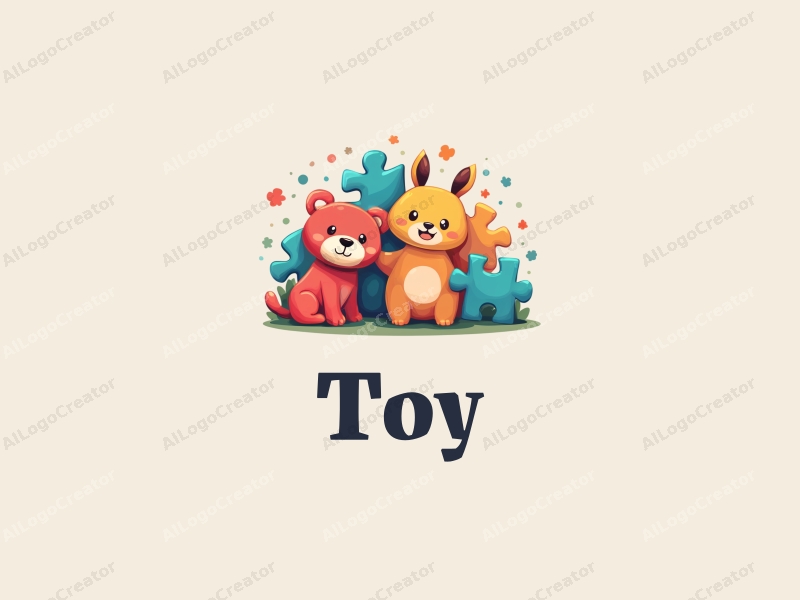 playful design features colorful plush toys and puzzle pieces, combined with a whimsical approach and a clean background.