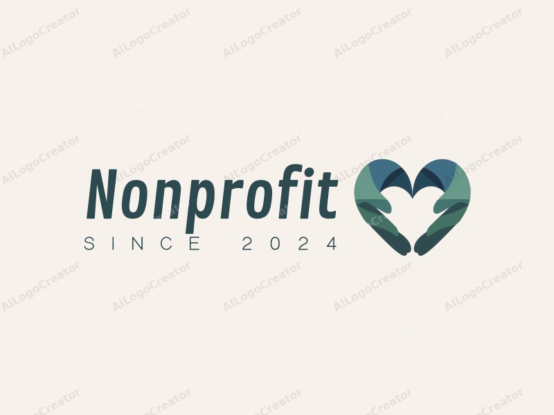 a modern minimalist design featuring two hands forming a heart shape, with a clean background and a harmonious blend of blue and green colors, symbolizing charity and volunteerism.