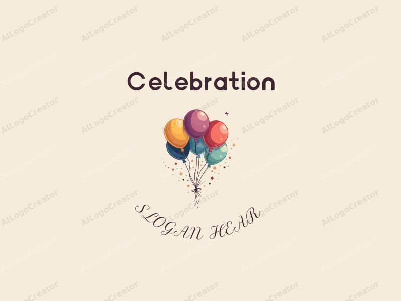 playful design features colorful balloons and streamers, a festive atmosphere with gold accents, combined with a clean background.