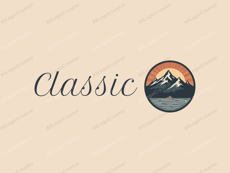 vintage design features classic and traditional elements, stylized mountains, and a harmonious composition with dark and neutral tones combined with a clean background.