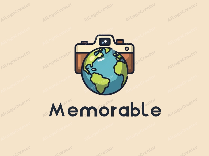 playful design features a stylized camera and globe intertwined, representing memories and travel, combined with a clean background.