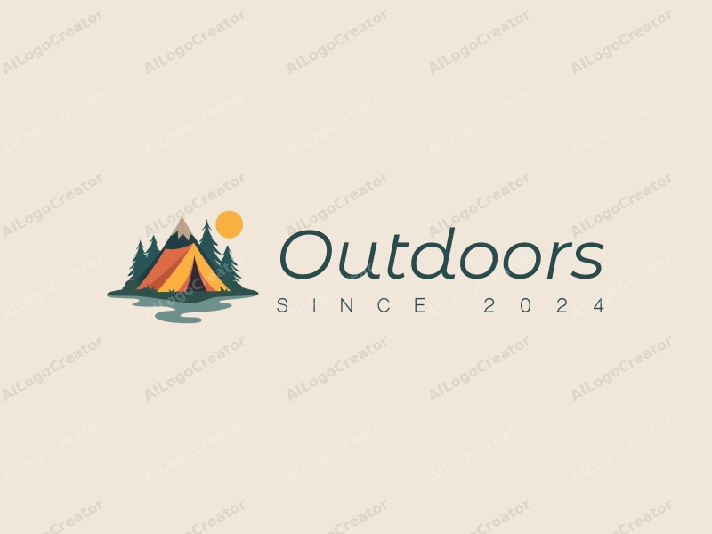 modern design features a stylized camping tent and mountain peak, combined with a clean background and a harmonious composition.