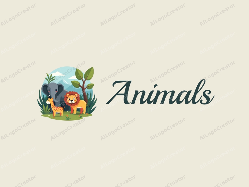 a cute and realistic illustration featuring various animals in a natural setting, showcasing wildlife conservation and eco-tourism themes, with vibrant colors and a harmonious composition.