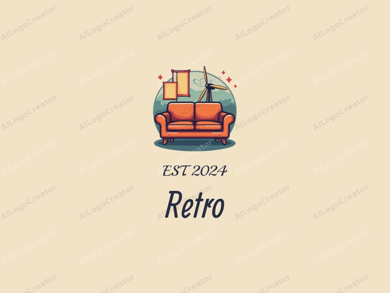 vintage design features a retro sofa and retro poster, combined with stars and a turbine, set against a clean background.