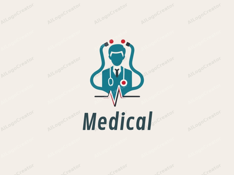 modern design features a stylized hospital silhouette, a doctor figure, a stethoscope intertwined with a heartbeat line, combined with a clean background.