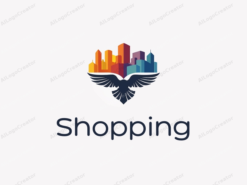 a modern design featuring a colorful shopping mall silhouette, a stylized shield, and an eagle, combined with a clean background.