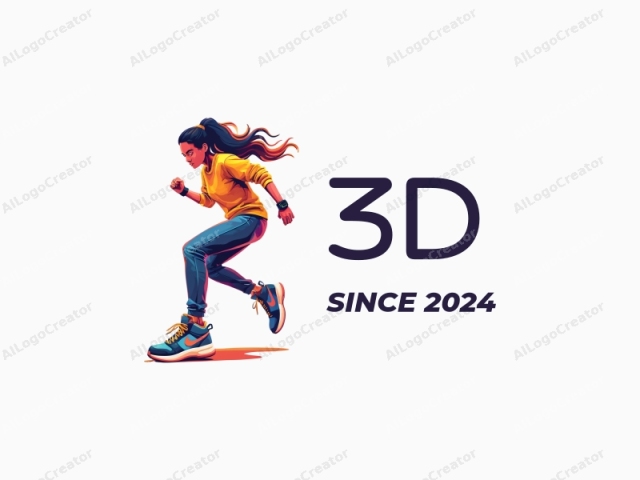 カラフルな3Dダイナミックな女性のフィギュアを特徴とするモダンなデザインで、スタイリッシュなスニーカーを履いており、流動的な動きと鮮やかな色が組み合わさり、クリーンな背景に映えています。