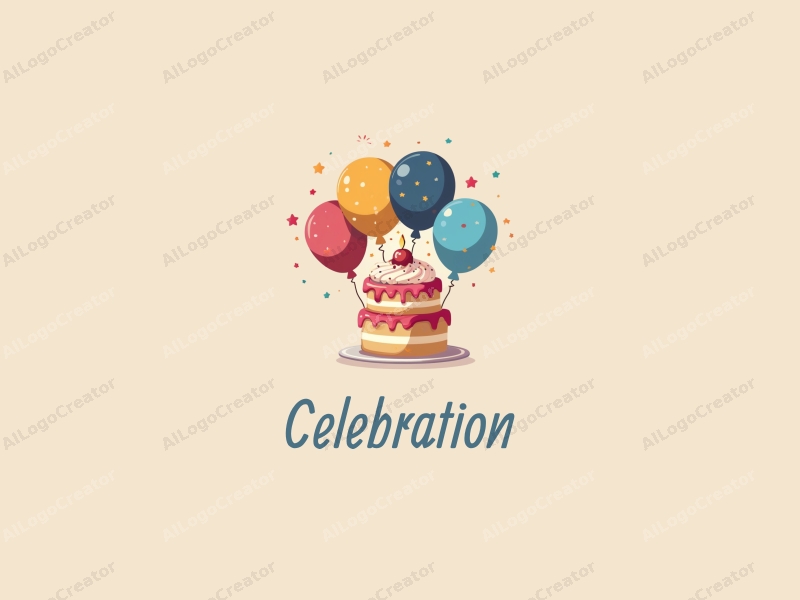 playful design features colorful balloons and a stylized cake, combined with a festive atmosphere and a clean background.