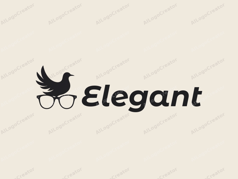 a minimalist design featuring a stylized bird and elegant glasses, combined with a modern approach and a clean black and white background.