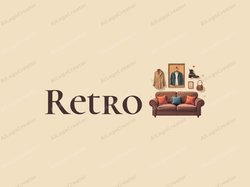 vintage design features a retro sofa and a retro poster, combined with fashionable clothing elements, set against a clean background in brown and beige tones.