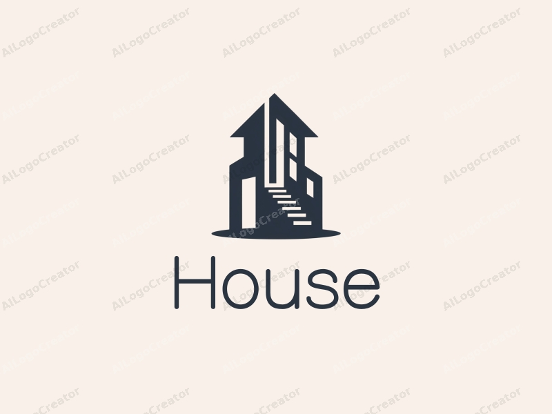 modern design features a stylized house and building silhouette, incorporating stairs and windows with a clean background.