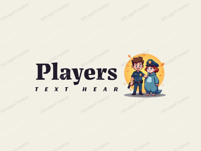 playful design features a vibrant color scheme, a stylized player character interacting with a whimsical police character, combined with a clean and simple background.