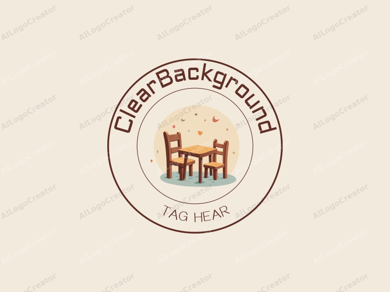 minimalist design features a stylized chair and table, incorporating playful elements for children and teenagers, combined with a clean and transparent background.