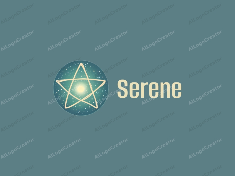 minimalist design features a tranquil magic sphere and a pentagram, combined with blue and green colors, creating a peaceful atmosphere against a clean background.