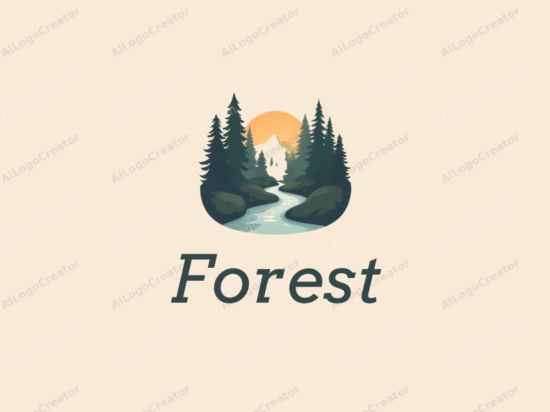 vintage design features a serene forest scene with stylized pine trees and a gently flowing small stream, combined with a clean background.