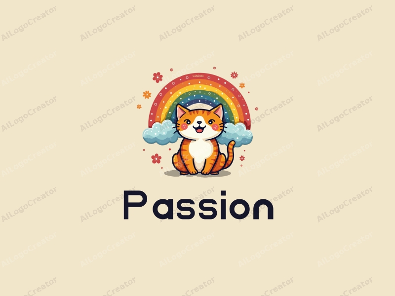 playful design features a stylized cat with vibrant colors, a rainbow arching above, and elements that evoke passion and enthusiasm, combined with a clean background.