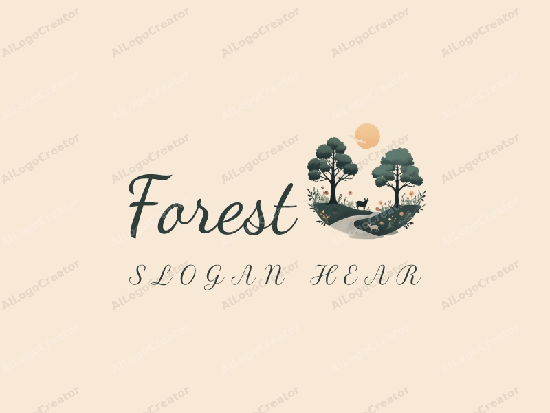 vintage design features a serene forest landscape with stylized trees, delicate leaves, and small animals, combined with a clean background.