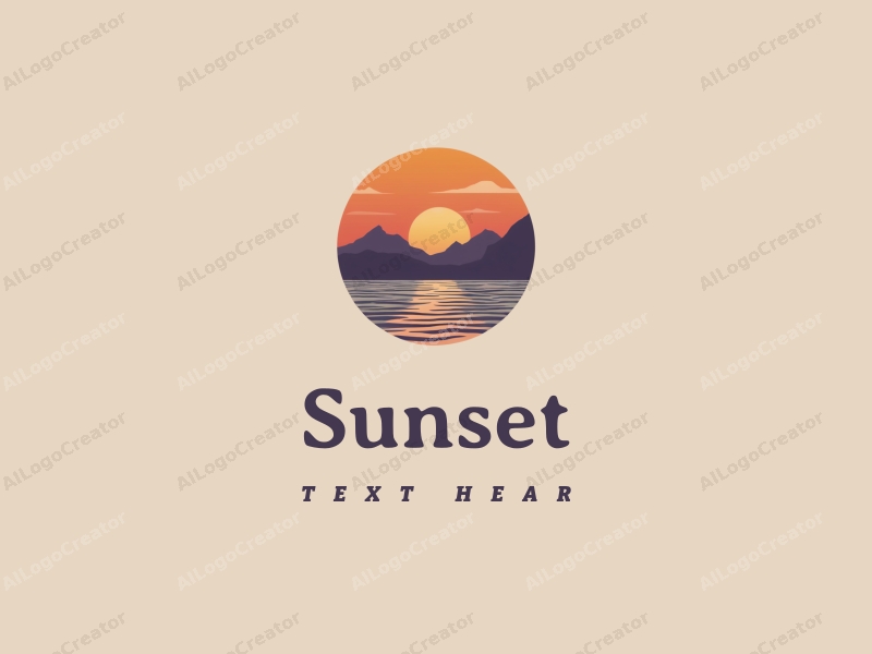 vintage design features a stylized sunset over a beach with mountains in the background, using a harmonious blend of orange and purple colors, combined with a clean and simple composition.