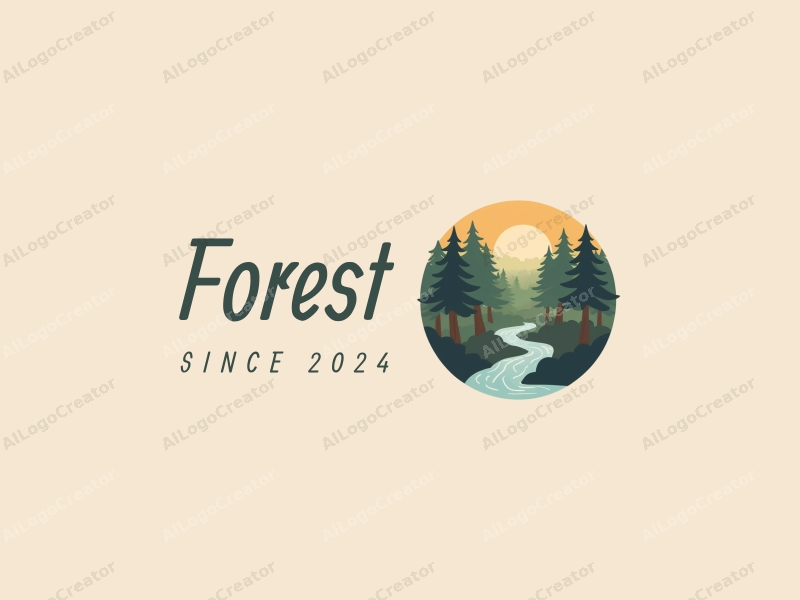 vintage design features a serene forest landscape with stylized trees and a flowing river, incorporating tree canopies and a harmonious composition with a clean background.