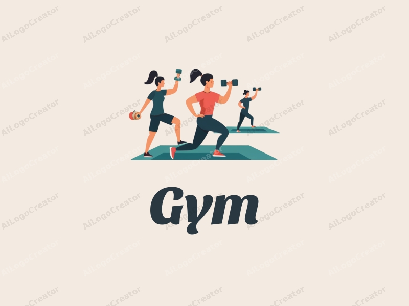 modern design features stylized dumbbells and yoga mats, combined with active individuals in a clean background, emphasizing fitness and movement.