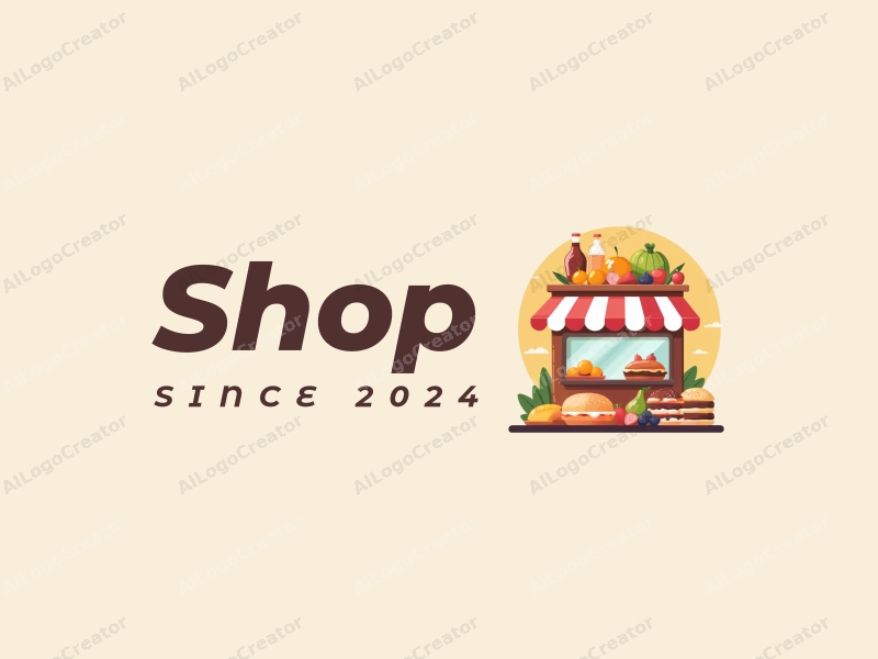 modern design features a stylized shop silhouette, vibrant fruits and desserts, combined with a clean background and a harmonious layout.