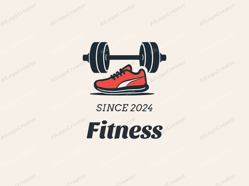 modern design features a stylized dumbbell and running shoes, combined with a clean background and a minimalist approach.