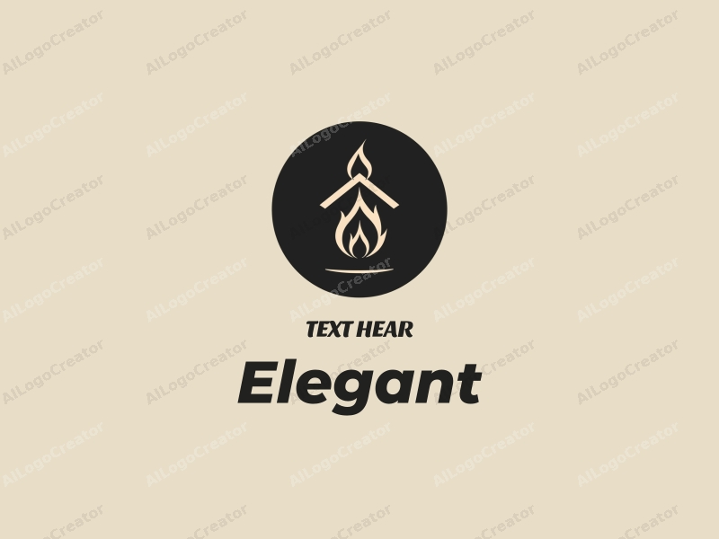 a modern design featuring elegant and refined elements, a stylized house silhouette intertwined with a flame, combined with a clean black background.