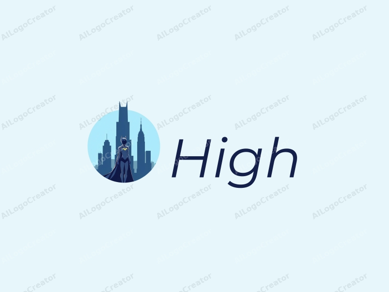 a modern design featuring a towering skyscraper silhouette combined with a stylized catwoman figure, utilizing a clean and simple composition with a blue color palette.